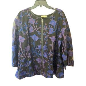 ADIVA Woman's Black Multicolor Lace Zip Jacket Shirt Top 2X